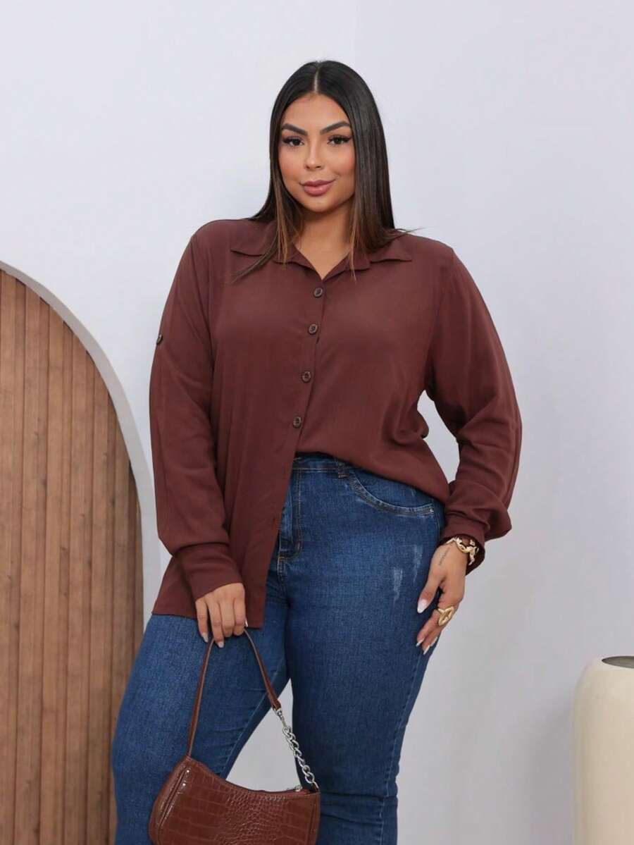 Women's Plus Size Long Sleeve Blouse/Shirt With Simple Collar And Buttons Down The Front - 鏽棕色 - 查看 1