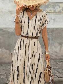 Vestido de mujer de manga corta holgado con cuello en V y medio abierto, de tela texturizada, adecuado para exteriores y vacaciones, primavera/verano - Caqui 2 - Ver 1