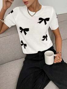Blusa de punto casual de cuello redondo, manga larga, con detalle de lazo - Blanco y Negro - Ver 5