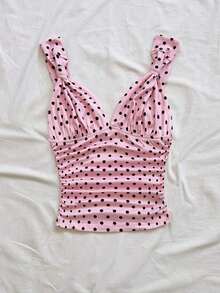 Camiseta de mujer elegante para vacaciones, de tela de punto a lunares, con tirantes retorcidos y fruncidos, de ajuste ceñido, adecuada para vacaciones, citas, té de la tarde, playa, crucero, viaje a la ciudad, vacaciones en la isla, festival de música, vacaciones bohemias, se puede usar por dentro o por fuera - Rosa - Ver 6