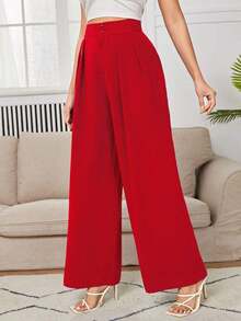 Pantalones de pierna ancha de cintura alta con pliegues - Rojo - Ver 1
