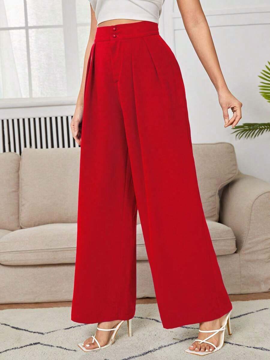 Pantalones de pierna ancha de cintura alta con pliegues - Rojo - Ver 1