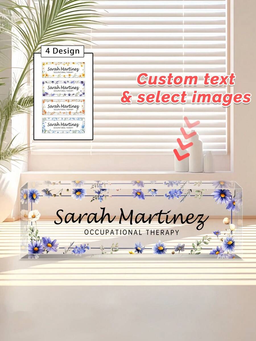 Customized Watercolor Floral Acrylic Desk Nameplate, Customizable Name & Position, Transparent Desktop Display Sign With Personalized Floral Pattern Acrylic Desk Plaque, Office Workstation Decoration Display Sign - Multicolor - View 1