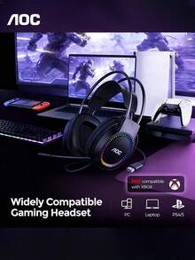 Lenovo AOC 游戏 USB 耳机 RGB 有线游戏耳机，配备 50mm 驱动单元、降噪麦克风和音量控制，适用于 PC、PS4、PS5、Switch 等游戏和学习会议。 - 查看 6