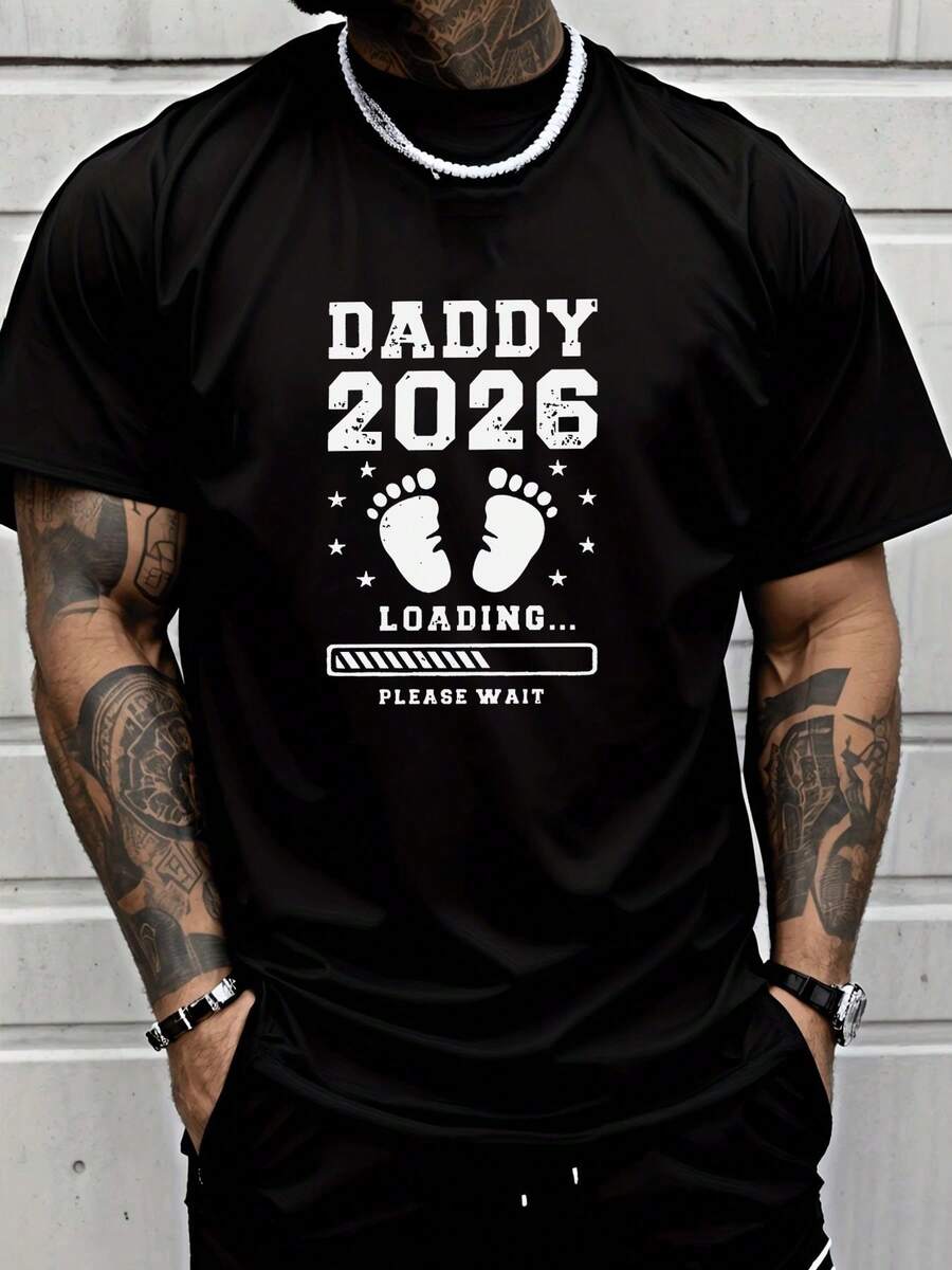 Men's & Women's T-Shirt, Casual And Modern Style, 'Dad' Style, 2026 Collection, Baby Footprint And Star Pattern, Everyday Casual Wear For Adult Men, Urban Style, Holiday Gift - 黑色 - 查看 1