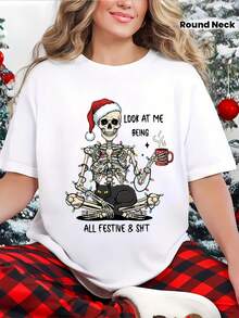 Camiseta de Mujer con Estampado de Calavera Navideña, Cuello Redondo y Manga Corta, Tops Casuales de Moda, Ropa Navideña, Regalos de Navidad, Regalos de Fiestas, Regalos de Cumpleaños, Regalos para Ella - Blanco - Ver 1