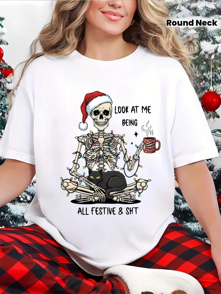 Camiseta de Mujer con Estampado de Calavera Navideña, Cuello Redondo y Manga Corta, Tops Casuales de Moda, Ropa Navideña, Regalos de Navidad, Regalos de Fiestas, Regalos de Cumpleaños, Regalos para Ella - Blanco - Ver 1