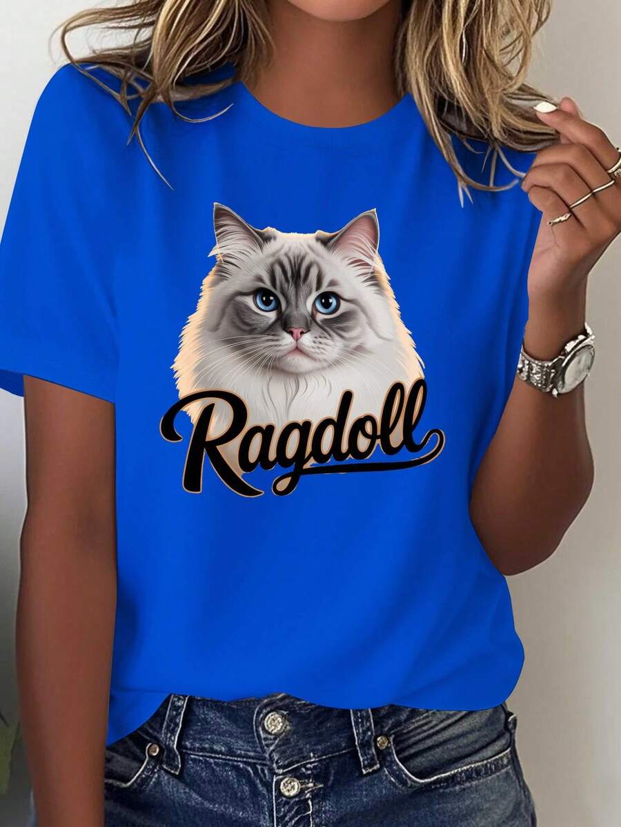 Elegant Solid Color T-Shirt For Women, Featuring A Ragdoll Cat Portrait. - 藍色 - View 1