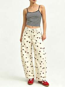 Moda femenina Polka jeans de piernas anchas con lunares, pantalones de barril sueltos en la cintura media, pantalones vaqueros estéticos y casuales y2k, adecuados para el uso diario en la calle - marrón café - Ver 1