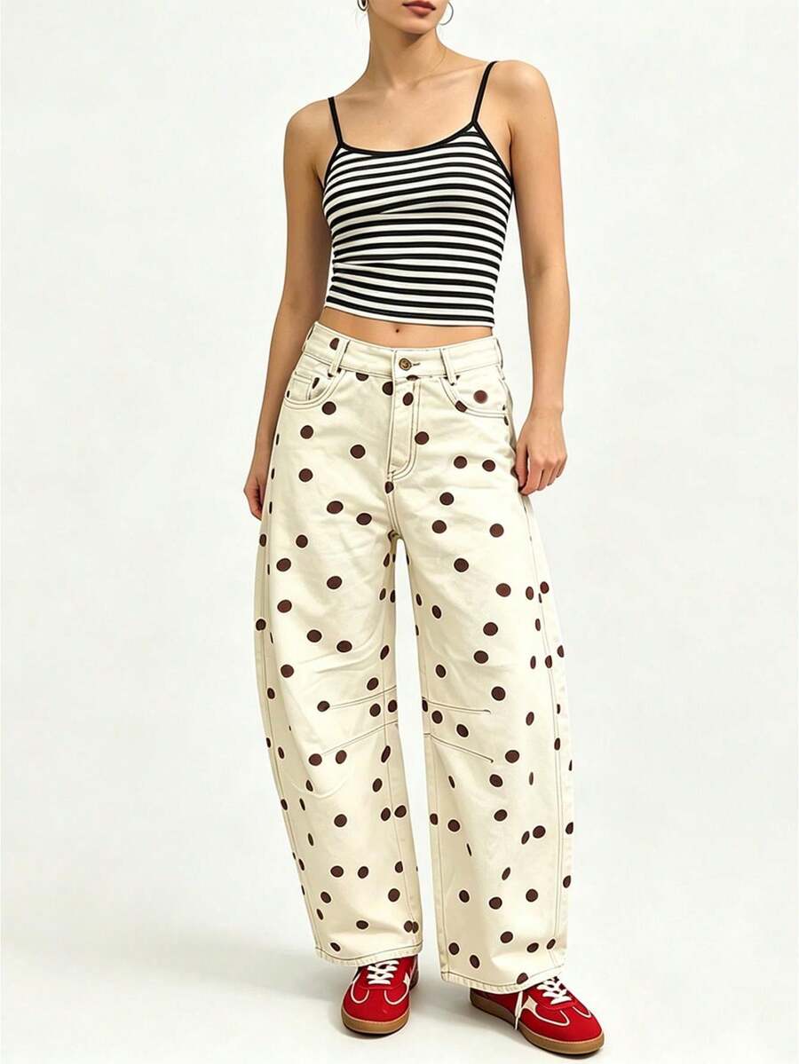 Moda femenina Polka jeans de piernas anchas con lunares, pantalones de barril sueltos en la cintura media, pantalones vaqueros estéticos y casuales y2k, adecuados para el uso diario en la calle - marrón café - Ver 1