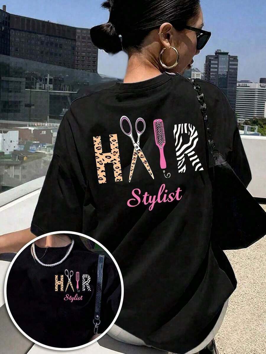 Camisetas de gran tamaño, Camiseta conmemorativa, Nuevos productos de la temporada, Camisetas de mujer con estampado de letras divertidas, Camisetas minimalistas casuales para mujer, Camiseta casual de mujer con estampado de leopardo y cebra, cuello redondo, manga corta, negra, hecha de tela de punto. 1NWT - Negro - Ver 1