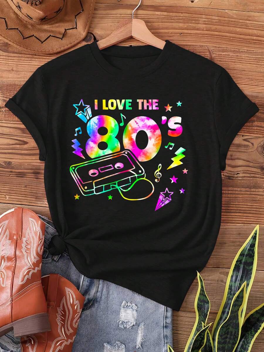 Camiseta Gr£fica Retro de M￺sica de los 80 para Mujer - Dise￱o Vintage de Cinta de Cassette y "I Love The 80S", Camiseta Casual de Manga Corta y Cuello Redondo, Lavable a M£quina para Comodidad Durante Todo el A￱o, Camisetas de Rock and Roll