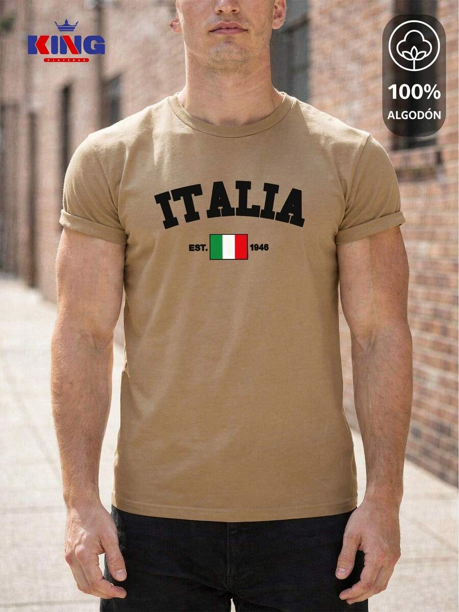 King T-shirt Playera 100% algodón de excelente calidad, esta playera garantiza una suavidad excepcional al tacto, cuello redondo con estampado "Italia Est. 1946 Flag" y manga corta - Caqui - Ver 1