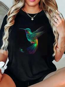 1pieza Blusas para Mujeres Blusas Hermosas para Mujeres Ropa para Mujeres 180G Negro y Blanco, Multicolor Pájaros Colibríes de Neón, Alta Calidad Camiseta, Cuello Redondo, Corte Básico Sueltos, para Hombres y Mujeres, Transpirable, Versátil, Lavable en Máquina, Cómoda, Tallas S~3XL, Diario, Casual, Deportes, Esencial Verano - Negro - Ver 9
