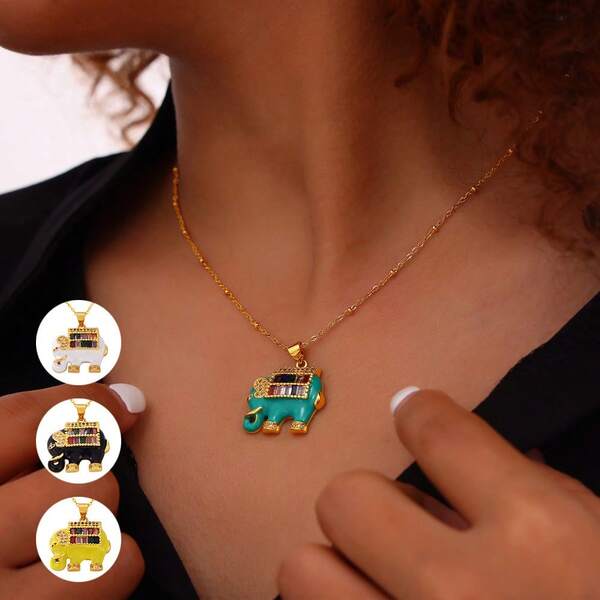 European And American Ins-Style Personalized Bead Chain Jewelry With Oil-Drip Inlay And Diamond-Studded Elephant Design, Made Of Copper Material, Titanium Steel Necklace