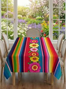1/2pcs Tablecloth, Colorful Striped Floral Pattern Tablecloth, Polyester Material, Suitable For Kitchen, Dining Room, Coffee Table, Picnic, Camping, Countryside, Square Or Round Shape, Multi-Scene Table Protection And Decoration, Festival Atmosphere Embellishment, Exquisite Design - Multicolor - View 8