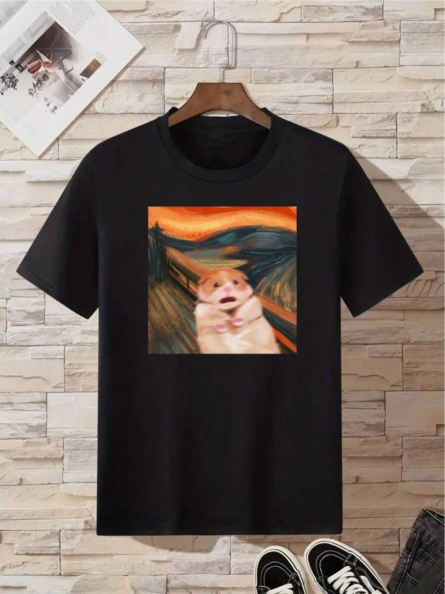 Men's Cartoon Print T-Shirt - Black - View 1