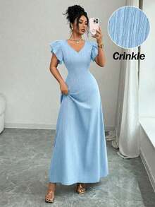 Vestido de mujer de unicolor con cuello en V, mangas cortas y cintura ceñida, de tela texturizada - Azul - Ver 1