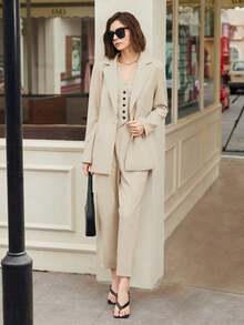 Conjunto casual de 2 piezas de unicolor para mujer, atuendo casual de negocios urbanos, elegante para la oficina, atuendo de maestra, primavera/verano - Beis - Ver 5