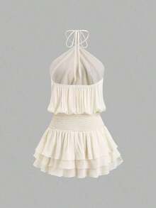 Vestido mini con espalda descubierta, estilo sexy y picante, de cuello halter, adecuado para citas, vacaciones y verano - Blanco - Ver 2
