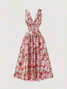 Amore Look For A Wedding Guest: Long Blue Dress With Floral Print, V-Neck, Sleeveless, High Waist And A-Line Silhouette, Perfect For Graduations, Parties, Summer Holidays Or An Elegant Afternoon Tea - 彩色 - 查看 8