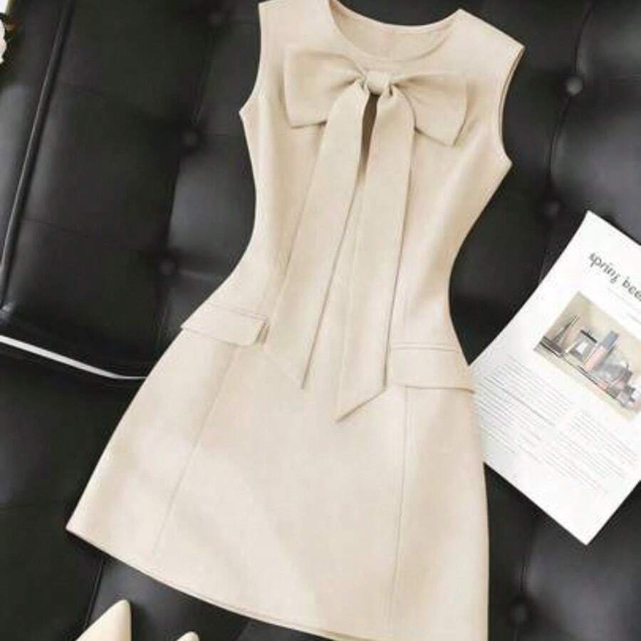 guangzhougaolangshangmao Vestido de mujer de unicolor, cuello redondo, ajustado, con lazo delantero y sin mangas - Albaricoque - Ver 1