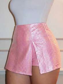 Falda-pantalón con abertura y textura de piel de cocodrilo sintética estilo Y2K "baddie" para mujer, para primavera/verano - Ponche de Fiesta - Ver 2
