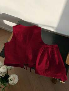 Conjunto casual de 2 piezas de top corto sin mangas con cordones delanteros y shorts para mujer en beige - Burdeos - Ver 2