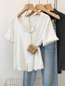 Camiseta de manga corta con botones, estilo minimalista retro casual Mori Girl para mujer - Blanco - Ver 7