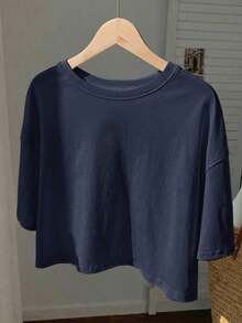 Camiseta crop de hombros caídos - Azul marino - Ver 3