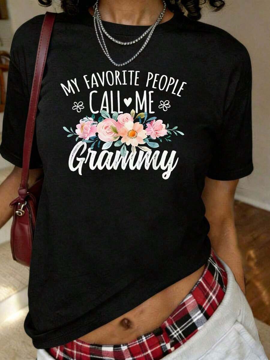 1 Piece Floral Print T-Shirt "My Favorite People Call Me Grammy" For Birthday, Short Sleeve, Round Neck, Casual Top For Summer And Spring, Women's Clothing, 180g, 100% Cotton. - 黑色 - 查看 1