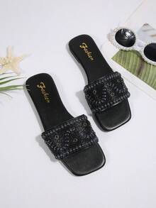 New Arrival Plus Size Luxury Anti-Slip Square Toe Mule Slippers With Rhinestone & Pearl Decor, Fashionable & Versatile For Beach & Resort Wear - Black - View 7