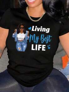 "New For 2026" Women's Short Sleeve T-Shirt With Round Neck And Letter Print, Graphic Tees, Women's Tops, Cotton T-Shirt - 黑色5 - 查看 11