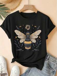 Camisa de manga corta con cuello redondo y estampado floral de estilo vintage, top holgado estilo forestal, moda elegante para fiestas primavera-verano 2026, ropa versátil para mujer de puro algodón. - Negro - Ver 1