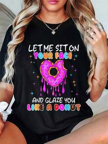 Camisetas Divertidas de Algodón 100% con Diseño de Donut para Mujer, Camisetas de Humor para Adultos, Transpirables y Cómodas - Negro - Ver 5