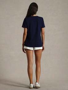 Camiseta Casual Ajustada de Cuello Redondo y Manga Corta para Mujer , Ideal para el Verano - Azul Marino - Ver 4