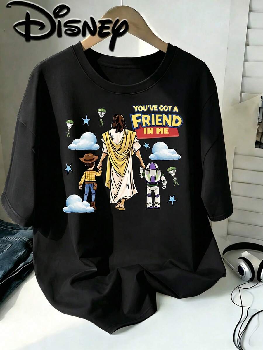 Official Disney Licensed | Toy Story "You've Got A Friend In Me" Heart‑Warming Cartoon Print Women's Crew Neck Short Sleeve T‑Shirt - Gentle Healing Style, Soft & Breathable Fabric, Classic Crew Neck Design, Ideal For Vacation, Travel & Daily Casual Wear - màu đen - Xem 1