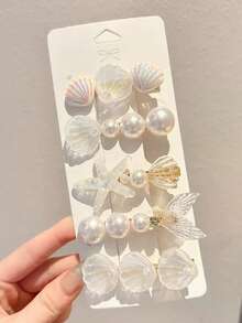 5入女款優雅簡約清新海洋風美人魚尾、海星、貝殼、仿珍珠與水鑽髮夾，適用於日常、學校、海灘、工作、派對、度假、生日禮物、返校季髮飾髮卡 - 珍珠款 - 查看 9