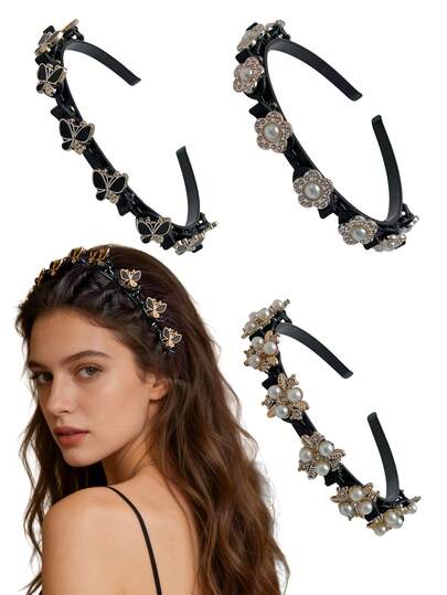 3pcs Women's Luxury Faux Pearl & Rhinestone Double-Layer Slouchy Hair Hoop, Non-Slip Teeth, Hair Accessory, Suitable For Casual Daily Use