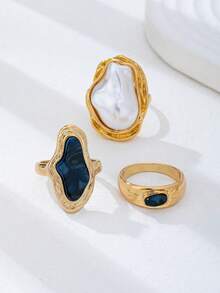 3 Pcs Imitation Baroque Pearl Ring Set For Women, Gold & Silver Plated Stackable Statement Rings With Fresh Water Pearl Dangling, Minimalist Basic Design Jewelry For Daily And Party Wear - Multicolor - View 2