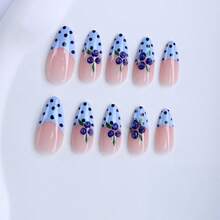 24pcs Medium Almond Shaped Fake Nails, Nude And Light Blue With Polka Dot French Manicure Stickers And 3D Blueberry Decor, Cute And Sweet Style, Suitable For Women's Summer Daily Wear, Reusable - Multicolor - View 4