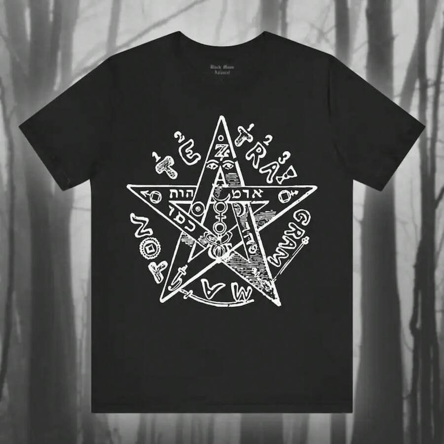 Camiseta Tetragrammaton, Eliphas, camiseta ocultista, camiseta de magiaética, camiseta de magia negra, camiseta unisex de manga corta con pentagrama espeluznante - Negro - Ver 1