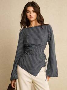 Camisa de mujer a rayas con pliegues, de uso versátil y casual para el día a día - Gris - Ver 5