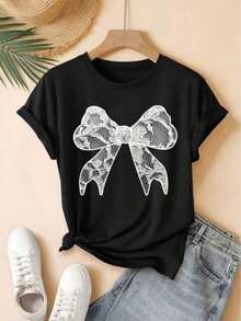 Camiseta de Mujer con Estampado Gráfico y Diseño de Lazo de Encaje Blanco - Negro - Ver 1