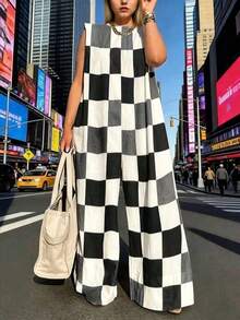 Plus Size Women's Sleeveless Jumpsuit With Colorful Plaid Print, For Summer - Black and White - View 1