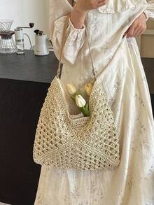Dedoo Handmade Woven Grandma Plaid Large Capacity Tote Bag For Women - Beige - View 4