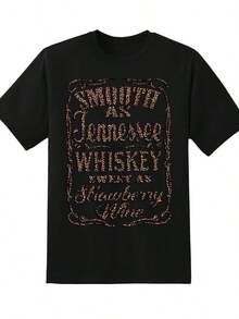 1 Piece Women's Graphic T-Shirt, Casual Summer Style, With 'Smooth As Tennessee Whiskey, Sweet As Strawberry Wine' Print, Gift For Country Music Fans, Fashion T-Shirt, 220g/180g, 100% Cotton - 黑色 - 查看 3