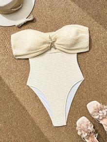 Glamour Nuevo traje de baño de una pieza con hombros descubiertos, espalda descubierta y decoración de estrella de mar metálica para mujer, de tela con textura de burbujas, para primavera/verano, en playas y resorts - Albaricoque - Ver 3
