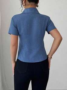 Camisa de manga corta con efecto de mezclilla y diseño de moño - Azul - Ver 2
