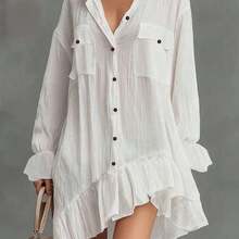 guangzhougaolangshangmao  Nuevo vestido elegante y cómodo con botones delanteros y volantes en el bajo, para primavera/verano - Blanco - Ver 2